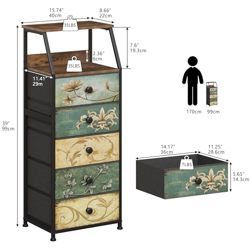 Nightstand with Fabric Drawers Dresser with 2 Tier Shelf Storage Tower for Bedroom Hallway Entryway Closet Organizer Sofa Beside Table Furniture (Multi, 5 Drawers)