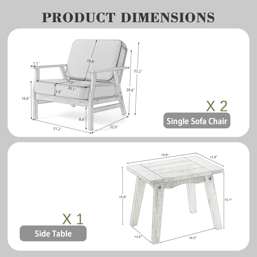 3 Piece Wood Patio Chair Outdoor Bistro Set, Outdoor Armchair All Weather Patio Sofa Furniture Backyard Conversation Sets with Wooden Side Table, Beige