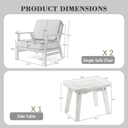 3 Piece Wood Patio Chair Outdoor Bistro Set, Outdoor Armchair All Weather Patio Sofa Furniture Backyard Conversation Sets with Wooden Side Table, Beige