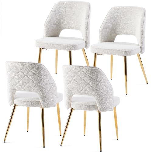 Modern Dining Chair Set of 4, Beige Boucle Accent Chairs with Golden Metal Legs, Upholstered Back Side Chairs for Kitchen Living Room Bedroom