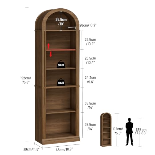 Arched Bookshelf, 75.8" Tall Narrow Bookcase with Storage, view 3
