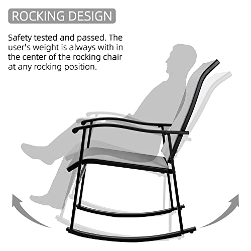 3 Piece Outdoor Rocking Bistro Set, Textilene Fabric Small Patio Furniture Set, Front Porch Rocker Chairs Conversation Set with Glass Table for Lawn, Garden, Balcony, Poolside (Light Gray)