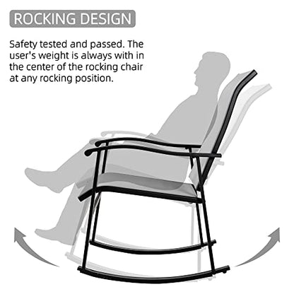 3 Piece Outdoor Rocking Bistro Set, Textilene Fabric Small Patio Furniture Set, Front Porch Rocker Chairs Conversation Set with Glass Table for Lawn, Garden, Balcony, Poolside (Light Gray)