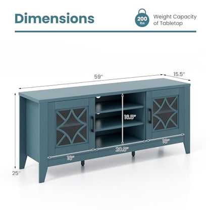 Farmhouse TV Stand for TVs Up to 65-in, Classic Media Entertainment Center w/Glass Door Cabinets & 4 Adjustable Shelves, Modern TV Console Table w/ 3 Cable Holes for Living Room (Teal Blue)