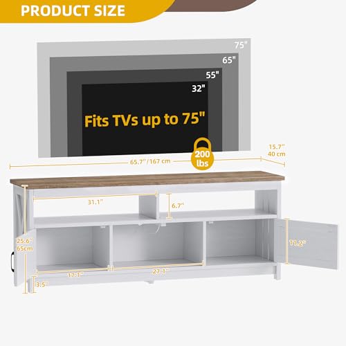 Farmhouse TV Stand with Power Outlet for 75 Inch TV, Grey Washed/White, view 3