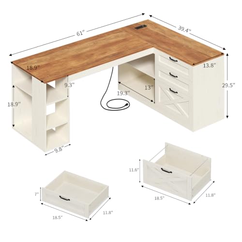 Farmhouse L Shaped Computer Desk with Drawers, Power Outlet for Home Office, view 3