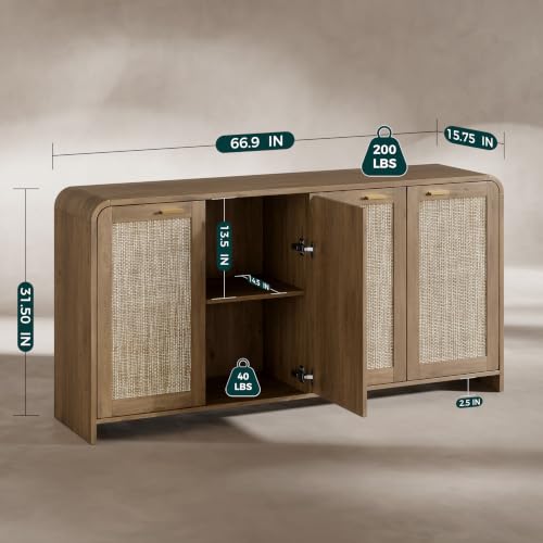 67" Rattan Sideboard Buffet Cabinet with Storage, Caramel Oak, view 3