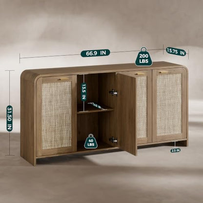 67" Rattan Sideboard Buffet Cabinet with Storage, Caramel Oak, view 3