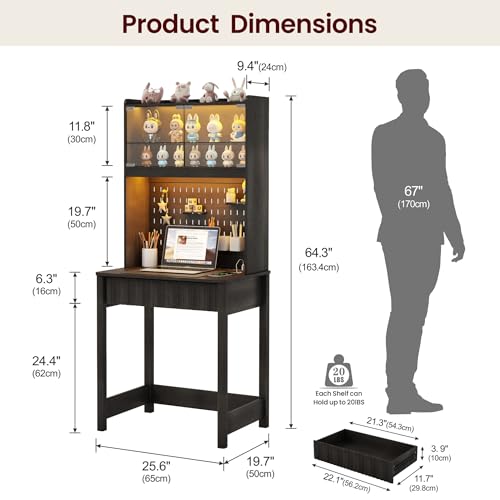 Small Study Desk - 25.6" Computer Desk with 3 Color LED and Charging Station, LED Home Office Desks with Storage Cabinet and Outlet, Writing Desks for Bedroom, Studyroom,Black