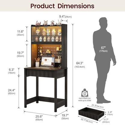 Small Study Desk - 25.6" Computer Desk with 3 Color LED and Charging Station, LED Home Office Desks with Storage Cabinet and Outlet, Writing Desks for Bedroom, Studyroom,Black