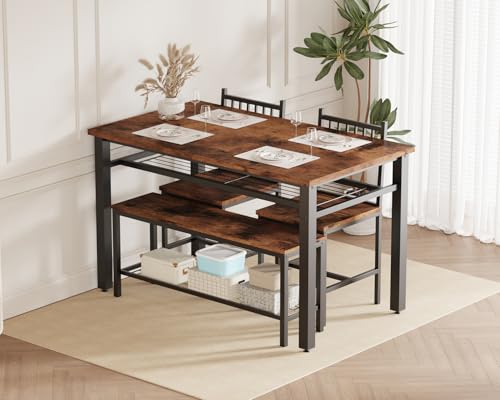 Modern Dining Table Set for 4, Kitchen Table for 4 with Chairs &Storage Bench,47 "Rectangular Dining Room Set with Bench,4 Piece Kitchen Table Set for Small Space/Apartment(Brown)