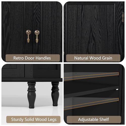 Sideboard Buffet Cabinet with Storage, Retro Wood Accent Cabinet with 2 Doors, Credenza with Adjustable Shelves for Living Room, Hallway, Entryway, Black