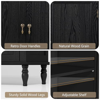 Sideboard Buffet Cabinet with Storage, Retro Wood Accent Cabinet with 2 Doors, Credenza with Adjustable Shelves for Living Room, Hallway, Entryway, Black