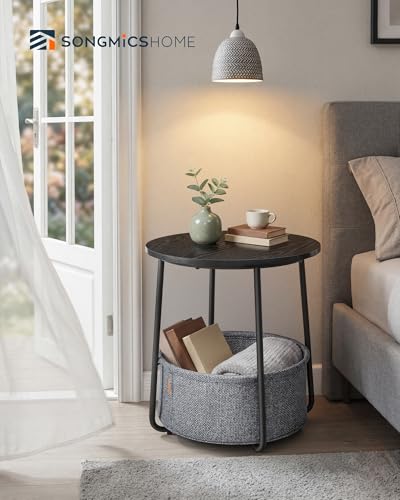 Small Side Table, Round End Table, 2 Tier Nightstand with Basket, U Shaped Steel Legs, Easy Assembly, for Living Room, Bedroom, Black and Gray