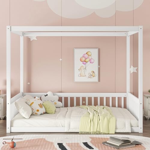 Full Size Canopy Bed Frame with Guardrails for Kids, view 4