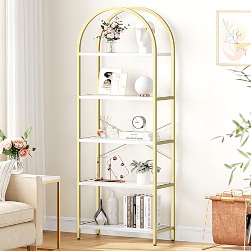 Bookshelf 5 Tier Bookcase Arched Display Racks Tall Standing Bookshelves Metal Frame Modern Storage Rack Shelf Large Wood Book Shelf for Bedroom, Living Room, Home Office, White/Gold