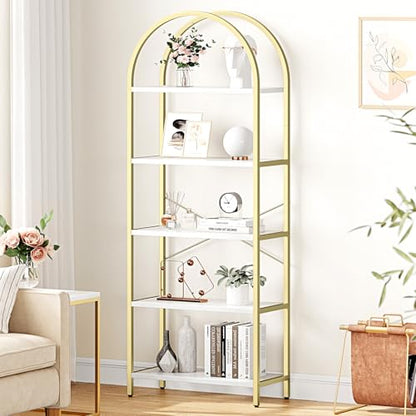 Bookshelf 5 Tier Bookcase Arched Display Racks Tall Standing Bookshelves Metal Frame Modern Storage Rack Shelf Large Wood Book Shelf for Bedroom, Living Room, Home Office, White/Gold