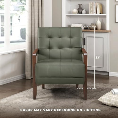 Modern Accent Chair, Luxury Genuine Leather Match Living Room Chair with Tufted Cushions, Solid Wood Frame and Arm Rest, Comfy Upholstered Single Seat for Bedroom/Reading/Office, Green