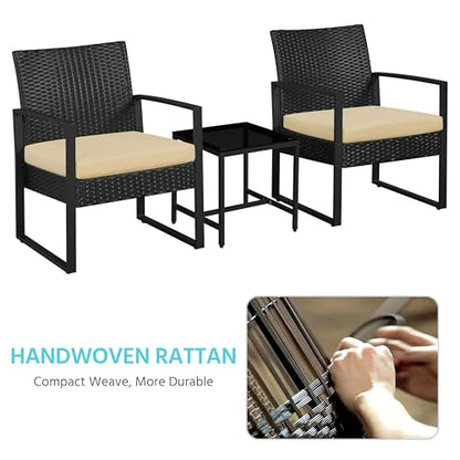 Yaheetech 3 Pieces Rattan Bistro Set, Indoor/Outdoor Wicker Patio Modern Conversation Furniture, 2 Chairs & Tempered Glass Coffee Table for Garden, Balcony, Backyard, Poolside, Black/Khaki