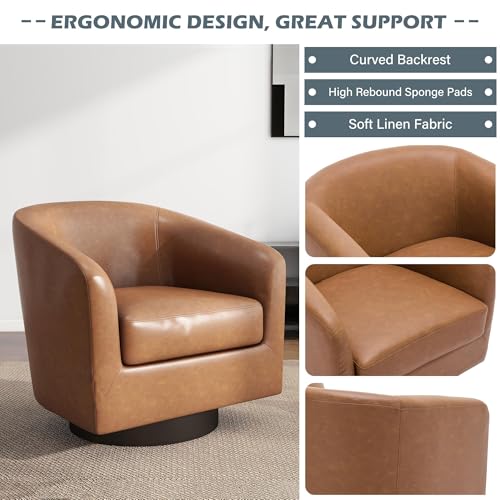 Faux Leather Swivel Accent Chairs Set of 2, Barrel Armchair, Brown