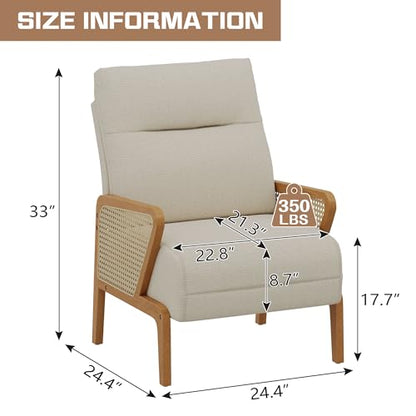 Upholstered Living Room Chairs Accent Chair Armchair, Natural Rattan Modern Slipper Club Chair Guest Reception Couch Comfy Single Sofa for Reading Bedroom-Ivory