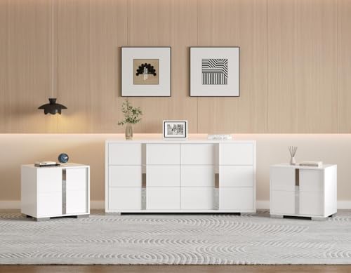3 Piece Bedroom Set, Two 23.6" Nightstands & 6-Drawer Dresser, Silent Glide Drawers & Metal Handles, Modern High Gloss UV Finish, Dresser Set for Bedroom, White