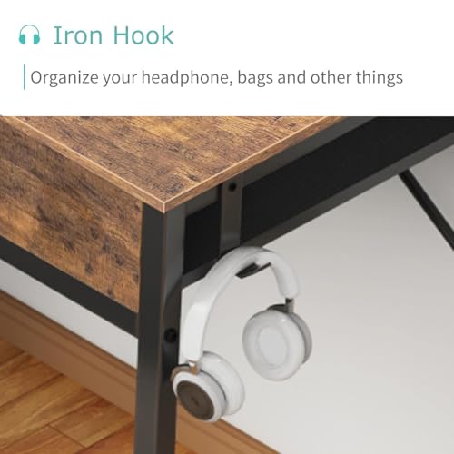 Small Computer Desk with 2 Drawers for Bedroom, 31 Inch Home Office Desk with Storage Fabric Drawer and Bag, Study Writing Table for Small Spaces, Rustic Brown