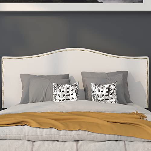 Lexington Upholstered Full Size Headboard with Accent Nail Trim in White Fabric