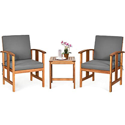 3 Pieces Patio Furniture Set, Includes Set of 2 Outdoor Acacia Wood Cushioned Chairs and Coffee Table, for Garden, Backyard, Poolside, Bistro and Deck, Patio Conversation Chat Set (Gray)