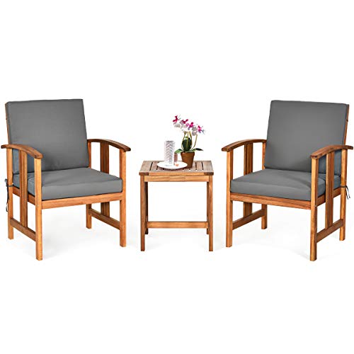 3 Pieces Patio Furniture Set, Includes Set of 2 Outdoor Acacia Wood Cushioned Chairs and Coffee Table, for Garden, Backyard, Poolside, Bistro and Deck, Patio Conversation Chat Set (Gray)