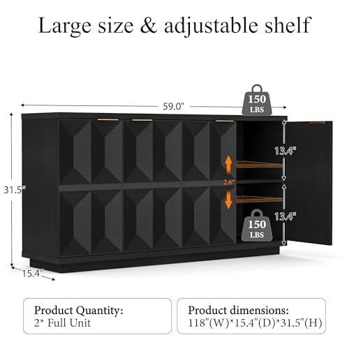 118" Sideboard Buffet Cabinet with 3D Geometric Doors, Long Credenza, view 3
