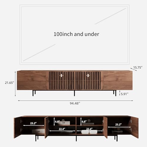 94.48 Inch Mid Century Modern TV Stand for Living Room, Walnut, view 3