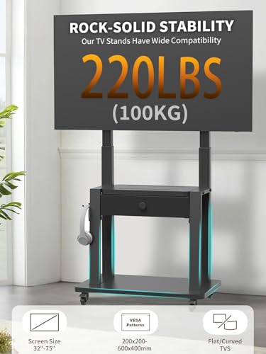 Rolling TV Stand with Fabric Drawer for 32-75 Inch Flat/Curved Screen, view 6