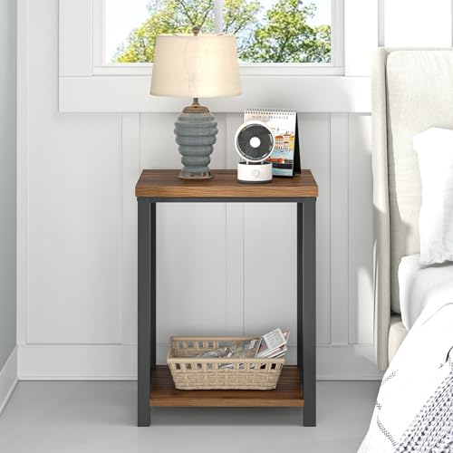 Small End Table, Rustic Wood and Metal Side Table with Storage, Modern Night Stand for Living Room Bedroom Office, Walnut
