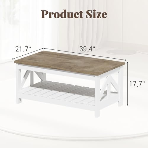 39” Farmhouse Coffee Table for Living Room, 2-Tier Modern Living Room Table with Storage Shelf, Rustic Rectangular Center Table Space Saving Home Furniture (Gray & White)
