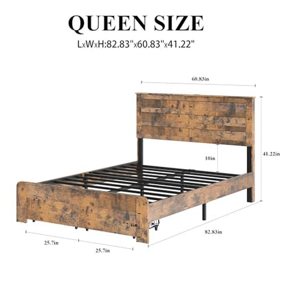 Farmhouse Wooden Platform Bed with 2 Storage Drawers and Dual USB Ports for Bedroom, Space-Saving Queen Size Bed Frame with Storage Headboard and Metal Slats Support, No Box Spring Needed