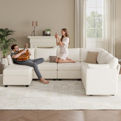 Modular Sectional Sofa Couches, Large Convertible Modular Couches with Storage, 7-Seater Sectional Sofa for Living Room, U Shaped Sectional Couch Sleeper Sofa with Chaise (Beige, 7 Seats)