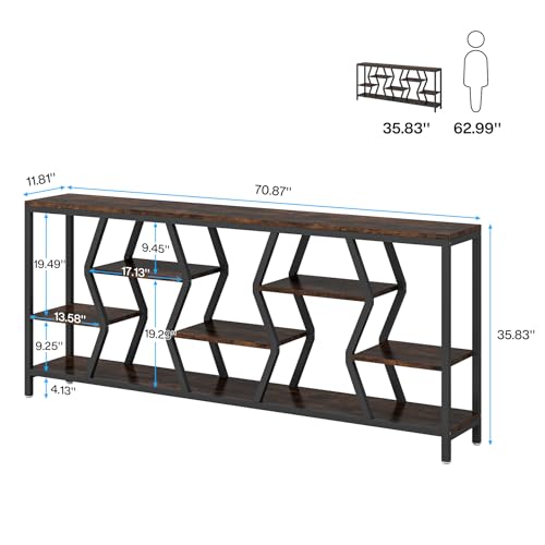 Tribesigns 70.9 Inches Sofa Console Table with 4 Tier Wood Storage Shelves, Industrial Extra Long Narrow Entryway Accent Tables for Hallway, Living Room, Foyer (Rustic Brown)