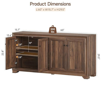 60" Buffet Cabinet with Storage, 4 Doors & Adjustable Shelves Brown, view 3