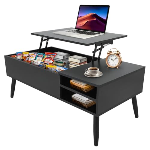 NChanmar Coffee Table for Living Room, Lift Top Coffee Table with Adjustable Storage and Hidden Compartment, Wood Center Table, Living Room Furniture for Home, Office-Black