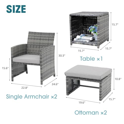 5 Piece Patio Furniture Set, Wicker Outdoor Conversation Chair and Ottoman Set with Coffee Table, Pillows Included, for Balcony, Porch, Deck, Light Grey