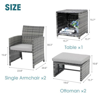 5 Piece Patio Furniture Set, Wicker Outdoor Conversation Chair and Ottoman Set with Coffee Table, Pillows Included, for Balcony, Porch, Deck, Light Grey