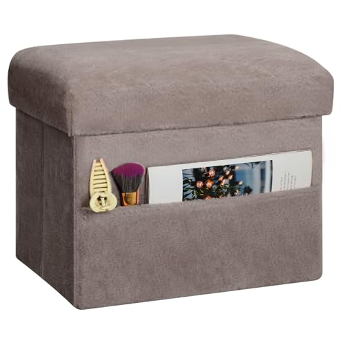 Ottoman with Storage, Folding Soft Fur Ottoman Foot Rest Stool with Thicker Furry Padded Seat. Small Storage Bench for Bedroom Living Room, Holds Up to 300 lbs, 17x13x13IN (Gray)