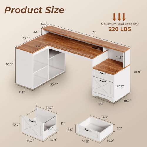 59" Farmhouse L Shaped Desk with Drawers Monitor Stand, Power Outle, view 3