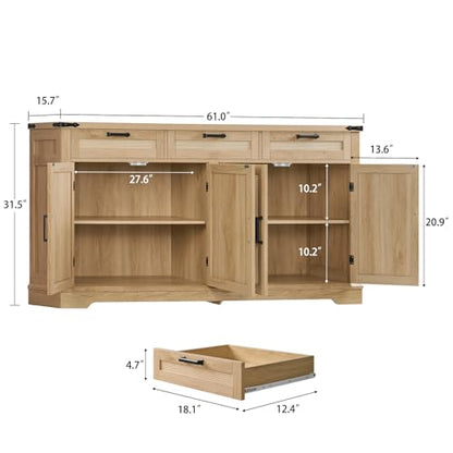 61” Large Buffet Cabinet with Storage, Sideboard Cabinet with 4 Doors and 3 Drawers, Farmhouse Buffet Table, Dining Room Storage Cabinet for Kitchen or Living Room, Natural