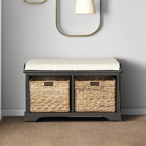 SAFAVIEH Furniture - Freddy 2-Basket Storage Bench - Brown - Solid Wood - Coastal Basket Storage Design - Ideal for Entryway, Living Room, Hallway, 18" Seat Height - Fully Assembled (AMH5736A)