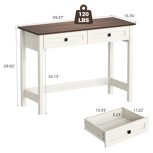 Farmhouse Writing Desk with Drawer, 40 Inch Wooden Small White Desk, view 3