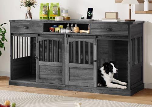 72" Double Dog Crate Furniture with Storage for 2 Medium Dogs Grey, view 2