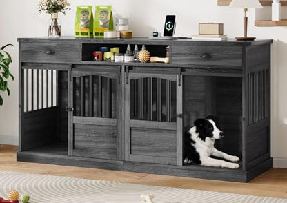 72" Double Dog Crate Furniture with Storage for 2 Medium Dogs Grey, view 2