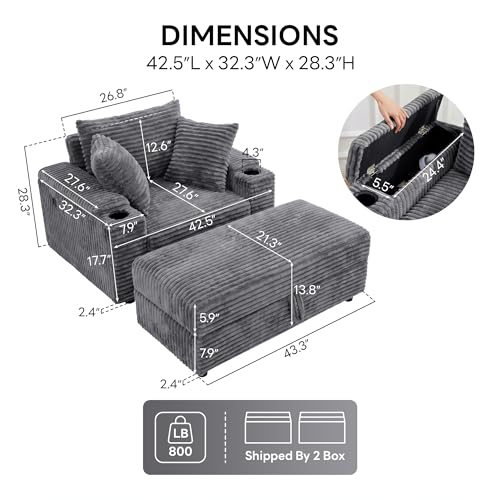 54'' Oversized Chaise Lounge Chair Indoor, Gray, view 3